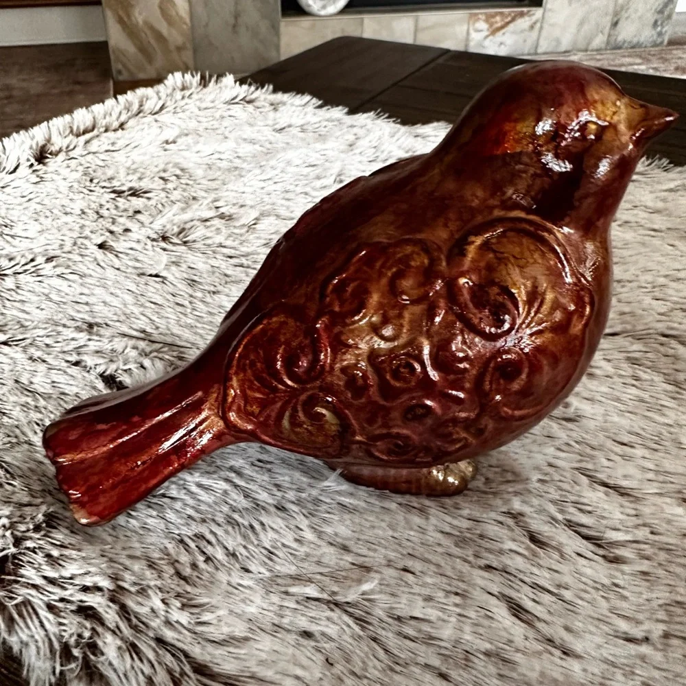 Hand crafted upcycled Red gold Ceramic rustic farmhouse Bird Figurine